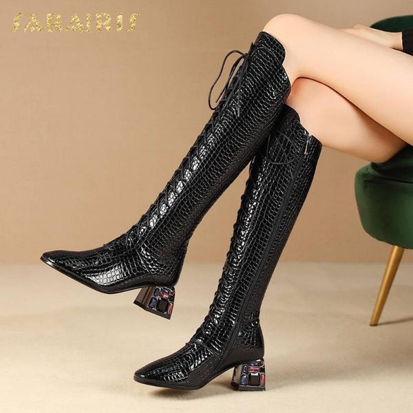 

boots sarairis 2021 chunky heels knee high woman shoes zip up quality cross-tied trend ladies women, Black