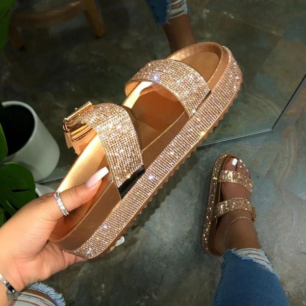 

summer diamond ornament bling light wear-resistant slippers women flat heel outdoor beach slides thick platform shoe for lady, Black