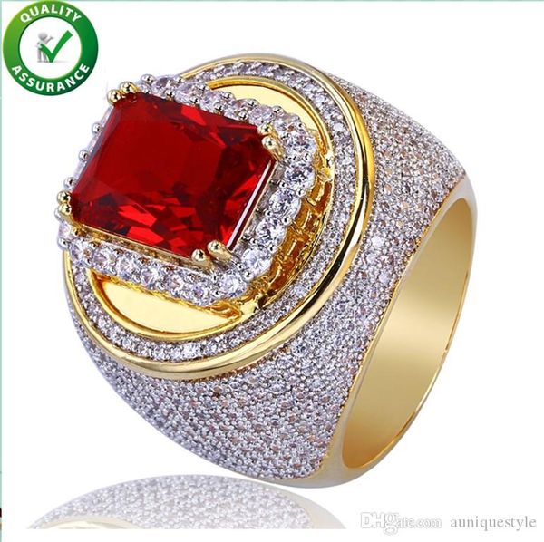 

hip hop jewelry mens gold rings iced out luxury designer micro paved cz red diamond bling rock finger ring engagement wedding accessories, Slivery;golden