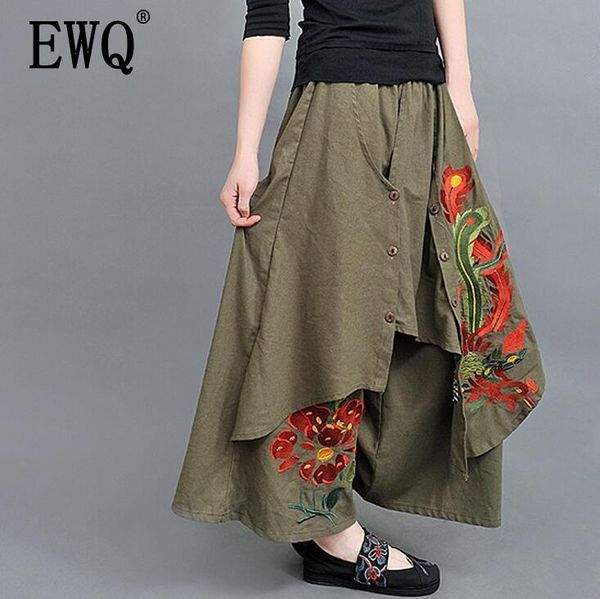 

ewq] 2020 autumn embroidery floral buttons vintage thin wide leg pants women plus size skirt pants cotton linen ah156, Black;white