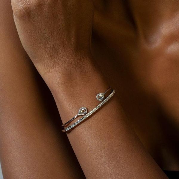 

sparking bling tear drop cubic zirconia charm simple open adjust bangle bracelet for women silver color rose gold, Black