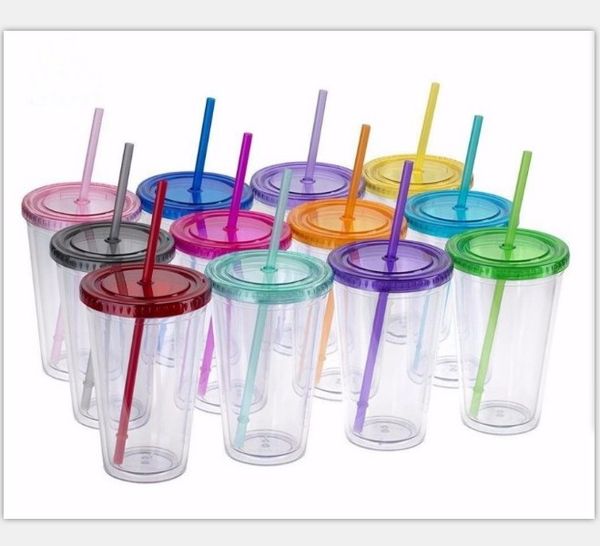

lastic straw cup double layer with pvc cardboard 16oz double layer plastic cup