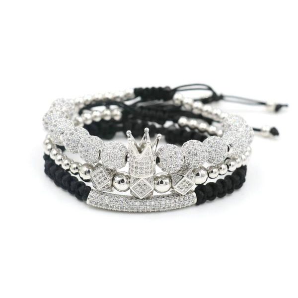 

charm bracelets 3pcs/set luxury crown bracelet men hip hop silver color micro pave cz ball for women couples pulseira bileklik, Golden;silver