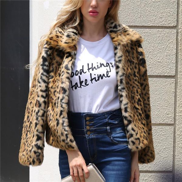 

шуба зимы элегантный сыпучие с длинными рукавами лацкане шеи пальто женская мода пальто leopard faux женщин, Black