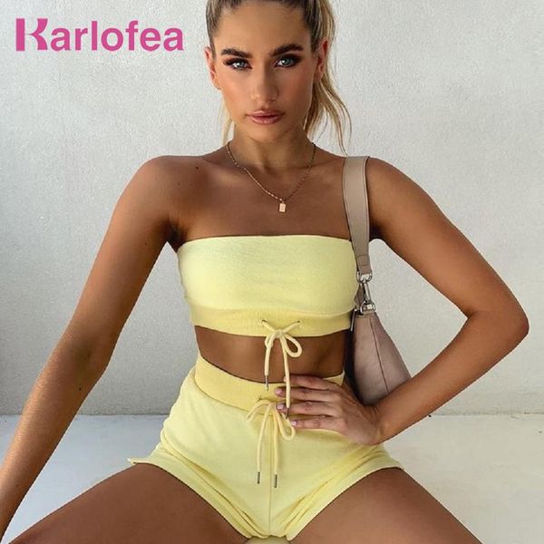 

karlofea new cotton comfort lounge wear crop 2 piece shorts sets fashion street outfits solid casual summer women suit t200617, White
