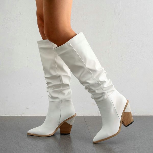 

women western boots fashion stitching with pointed toe knee high boots wedding slip on women autumn winter shoes black