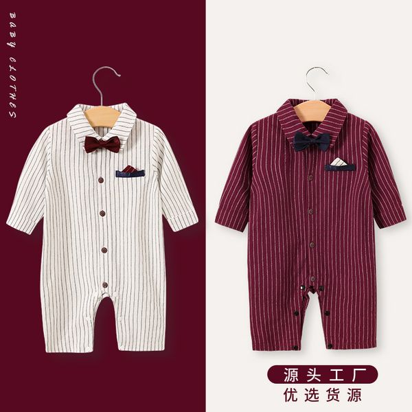 

For Baby Gentleman One-Piece Suit Male Newborn Long Sleeve Stripes Clothes Female Baby Casual Spring and Autumn Romper