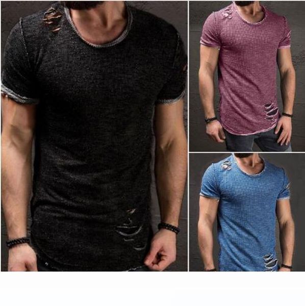

ripped men slim fit muscle o-neck distressed tee hole new shirt casual short sleeve frayed t-shirts plus size 4xl, White;black