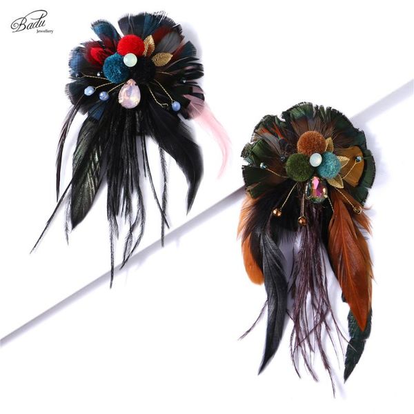 

badu black brooch pin women vintage feather jewelry big brooch clip flower eevning party banquet corsage handmade dropship, Gray