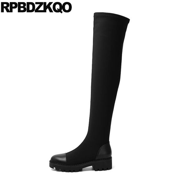 

slim platform heel genuine leather shoes chunky size 4 tall black autumn women boots winter 2020 long over the knee
