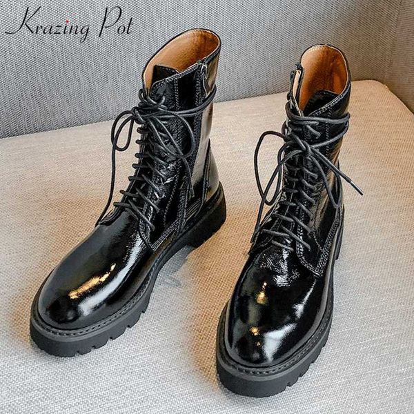 

krazing pot black colors genuine leather round toe med heels side zipper daily wear winter keep warm women mid-calf boots l60