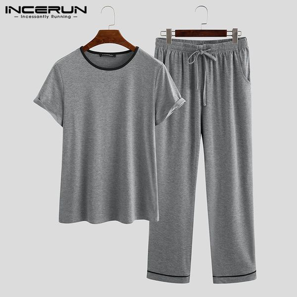 

fashion men pajamas sets solid homewear soft short sleeve o neck comfortable nightwear long pants sleepwear sets incerun, Black;brown
