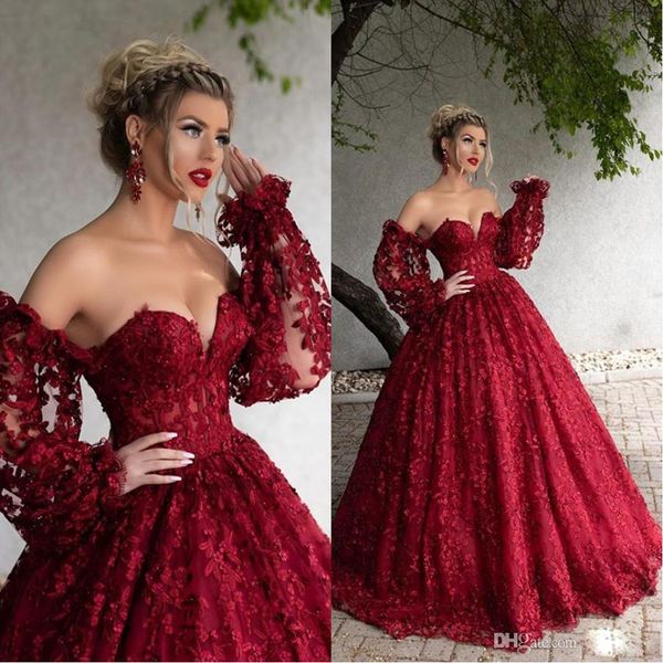 

2020 new arrival burgundy full lace strapless evening dresses long sleeves 3d applique arabic prom gowns robes de soiree, Black;red