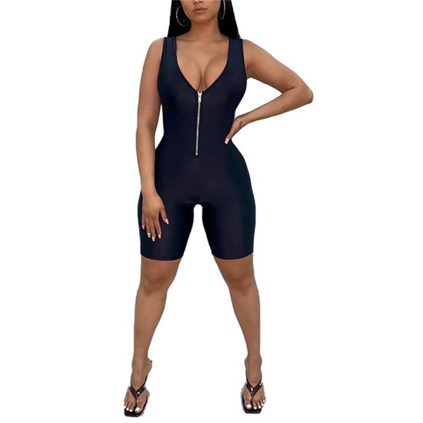 

women romper clothing solid skinny fitness workout jumpsuit playsuit shorts sleeveless zipper bodycon stretch tracksuit, Black;white
