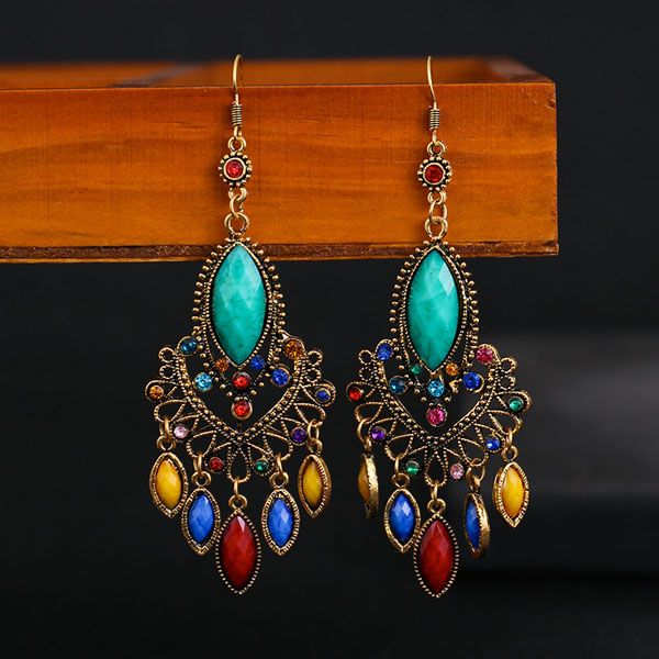 

s1679 bohemian fashion jewelry vintage earrings women's colorful rhinstone hollow-out dangle earrings, Golden;silver