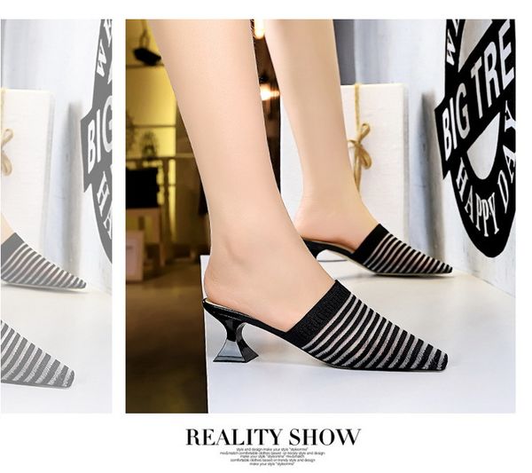 

high heel women shoes fashion lazy slippers 6cm thick heel sllides horizontal hollow square house slippers women shoes size 40, Black