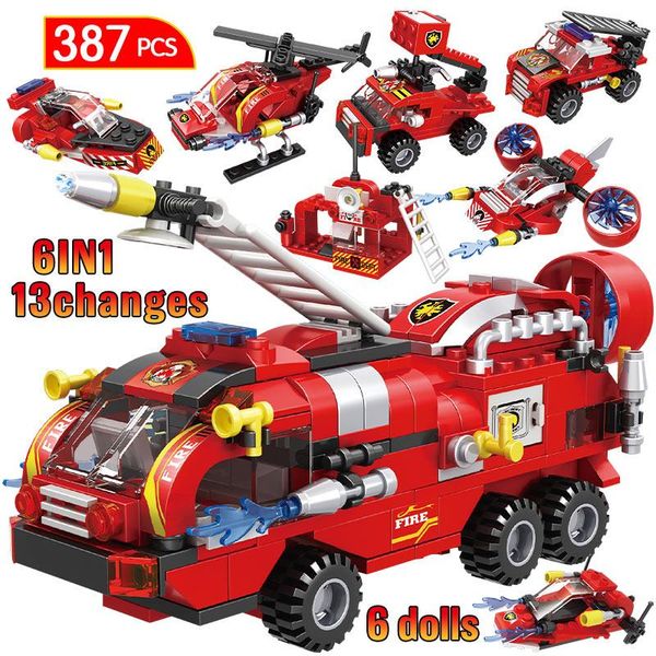 

387pcs city fire station trucks car firemen building blocks 6in1 fire brigade helicopter boat figures bricks toys children qylopk mywjqq