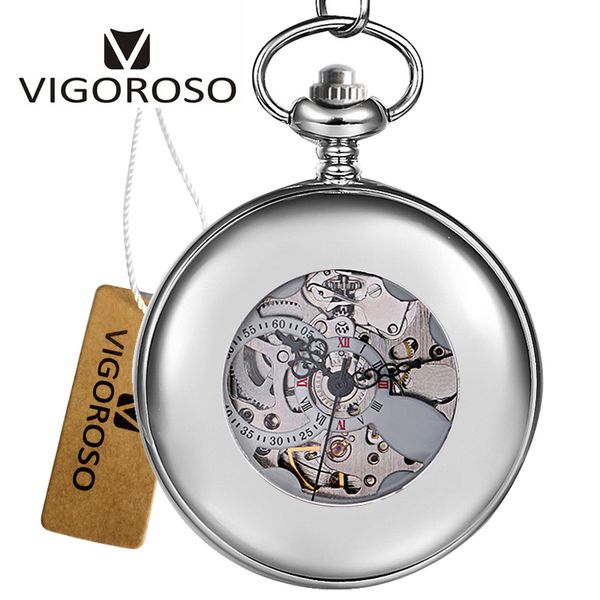 

pocket watches vigoroso mechanical hand winding silver steel half roman numerals skeleton watch fob chain clock pendant, Slivery;golden