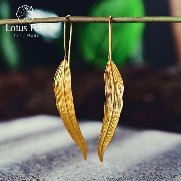 

lotus fun real 925 sterling silver earrings handmade fine jewelry vintage 18k gold long leaves drop earrings for women brincos, Golden
