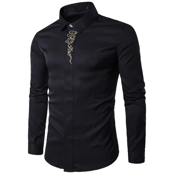 

embroidery men dress shirts floral print long sleeve camisas masculinas solid casual chemise homme europe size 2xl, White;black