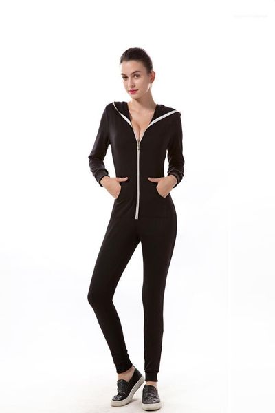 

zipper solid jumpsuits woman sport hooded neck long sleeve pocket party rompers women casual clothes womens sexy, Black;white