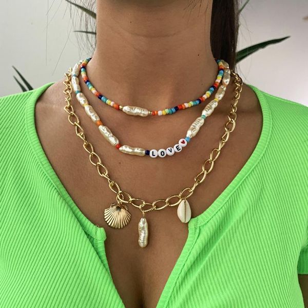 

bohemia baroque pearl necklace for women vintage gold color natural shell pedant necklace for women couple lovers letter collar, Silver