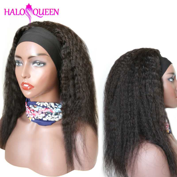 

haloqueen kinky straight human hair wigs for women brazilian yaki lace wig gluless headband wig remy human hair 150% density, Black;brown
