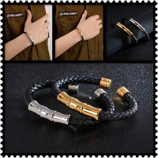 

2020 fashion men black woven leather open bracelet gold 316l stainless steel punk street style bracelets