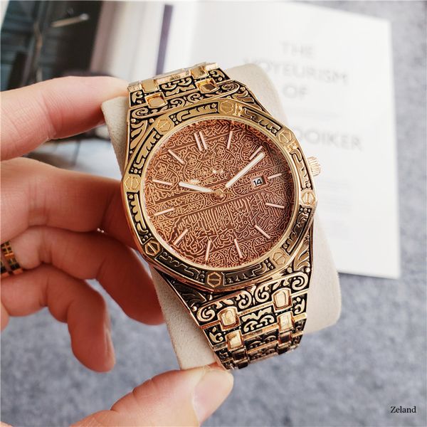 

05 mens watches fashion 42mm classic watch stainless steel carved quartz movement mens party wristwatch business watch gift clock, Slivery;brown