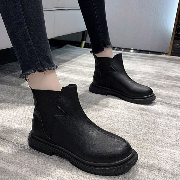 

women pu leather ankle boots ladies stretch fabric shoes female fashion platform slip on boots women winter casual footwear 2020, Black