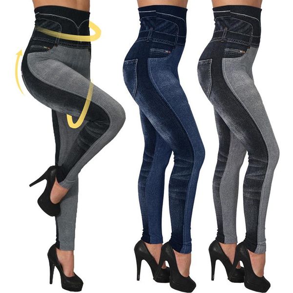 

faux denim jeans leggings women high waist sport leggings slim female workout elastic pants plus size casual pencil pants, Black