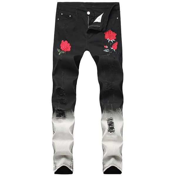 

men's jeans black small feet men rose flower ripped hole trend original design pants large size, Blue
