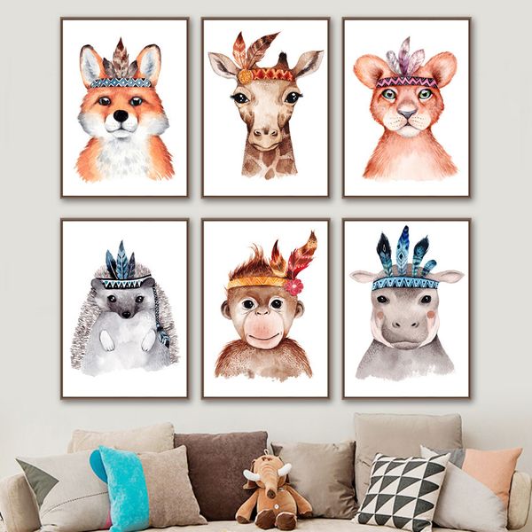 

lion fox giraffe orangutan hippo hedgehog wall art canvas painting nordic posters and prints wall pictures baby kids room decor