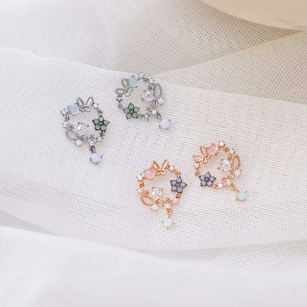 

japan korean circle flower drop earrings for women hollow butterfly wreath micro pave zircon dliecate earrings brincos gifts, Silver