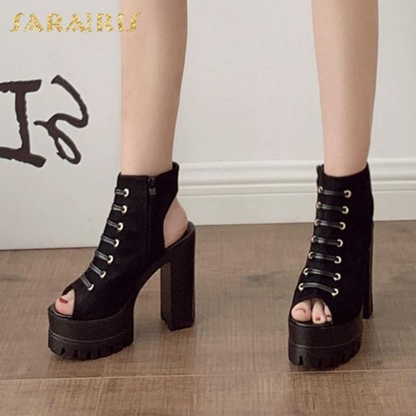 

sarairis 2020 square high heels summer sandals woman shoes platform peep toe zip up comfortable shoes lady sandals, Black