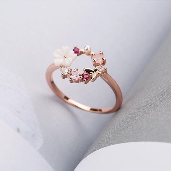 

fashion creative butterfly flowers crystal finger wedding rings for women rose gold zircon glamour ring jewelry girl gift bijoux, Slivery;golden