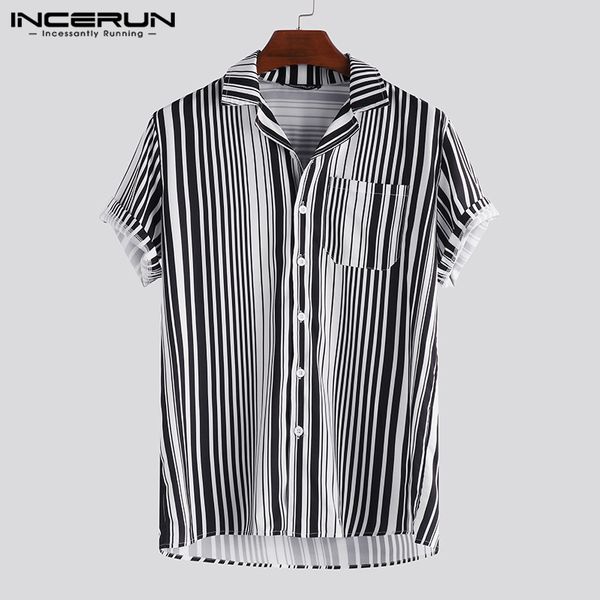 

incerun fashion striped men shirt loose pockets turn-down collar short sleeve beach shirts men streetwear camisa masculina 2020, White;black