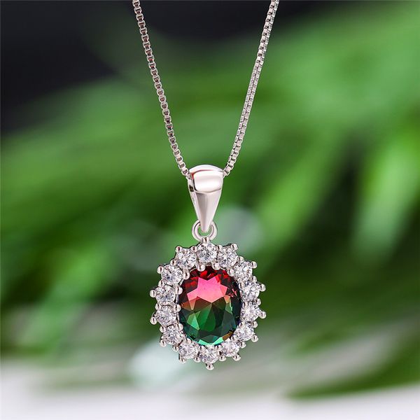 

pendant necklaces cute female rainbow crystal stone necklace rose gold silver color charm zircon oval wedding for women