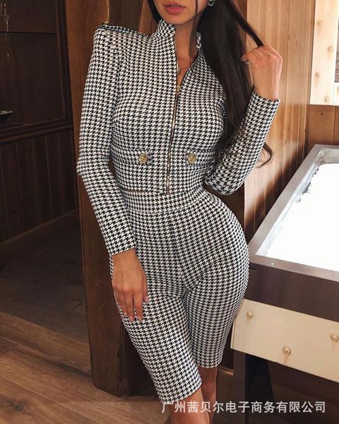 

wepbel новый хаундстут printed tight костюма шорты женской одежды установить 2шт одежда костюм мода zipper top + длина колена шорты x0923, Gray