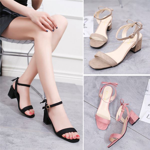 

women sandals ankle strap women's fashion casual solid buckle strap square heel sandals plus size femme open toe summer shoes, Black