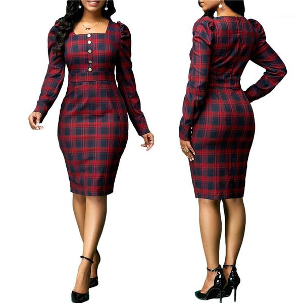 

style slim button long puff sleeved square neck bodycon dresses fashion women party dresses christmas women dresses plaid printed vintage, White;black