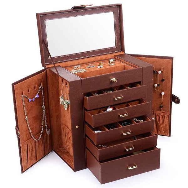 

jewelry box organizer functional huge lockable, leather jewelry storage case for women girls organizer with mirror brown, Pink;blue