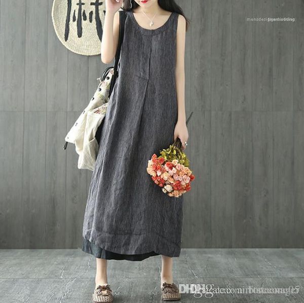 

casual literary style fashion apparel womens summer stripe linen dresses crew neck sleeveless relaxed midi female clothing, Black;gray