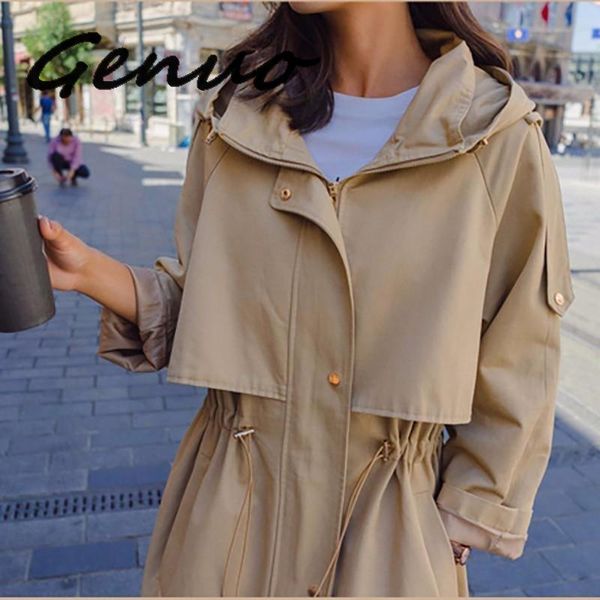 

spring women's windbreaker zipper long fund single row pull rope trench coat loose solid color hat women windbreakers female, Tan;black