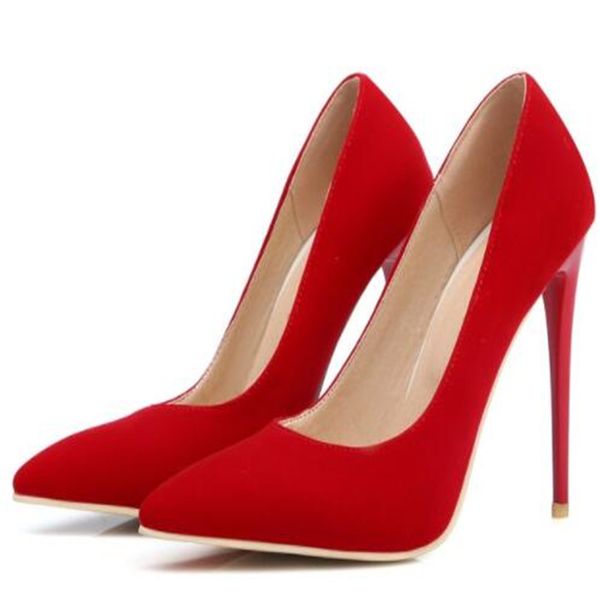 

suede pointed toe stiletto heels dress pumps shallow slip-on 12cm ultra high heel banquet shoes red yellow blue, Black