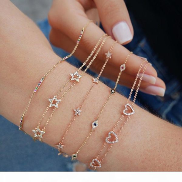 

three piece cz star charm charming bracelet 925 sterling silver delicate trendy star link chain cute bracelets j 190429 j 190430, Golden;silver