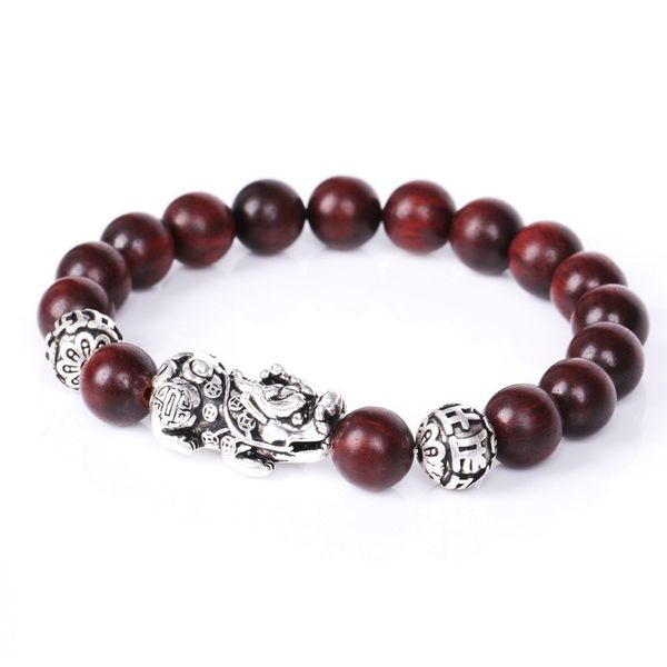 

charm bracelets natural rosewood beads brave troops pixiu bangles lucky energy silver color god beast bracelet for men women, Golden;silver