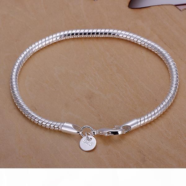 

3мм 8inches мода стерлингового серебра 925 змея цепь браслет для eur бисера женщины мужчины партии браслеты ювелирные изделия freeshipping, Black