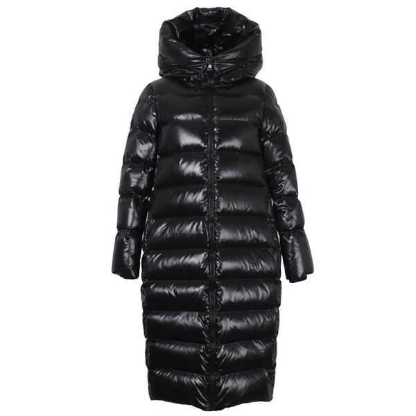 

2020 winter new women's down jacket glossy black mid-length over-the-knee fashion padded winter jacket, Black;white
