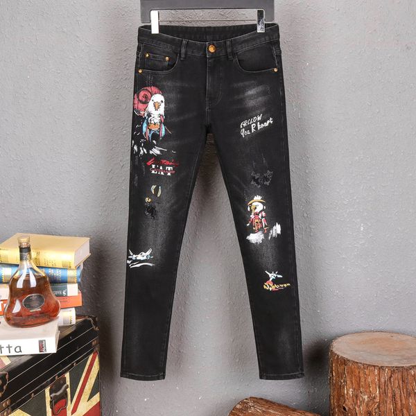 

new hole distrress jeans famous men's long straight fit jeans casual denim washed denim jeans trousers fashion, Blue